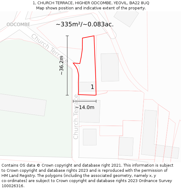 1, CHURCH TERRACE, HIGHER ODCOMBE, YEOVIL, BA22 8UQ: Plot and title map