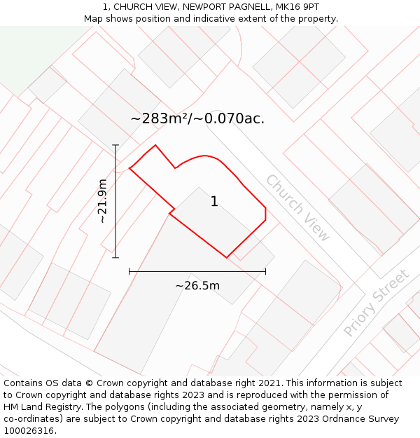 1, CHURCH VIEW, NEWPORT PAGNELL, MK16 9PT: Plot and title map