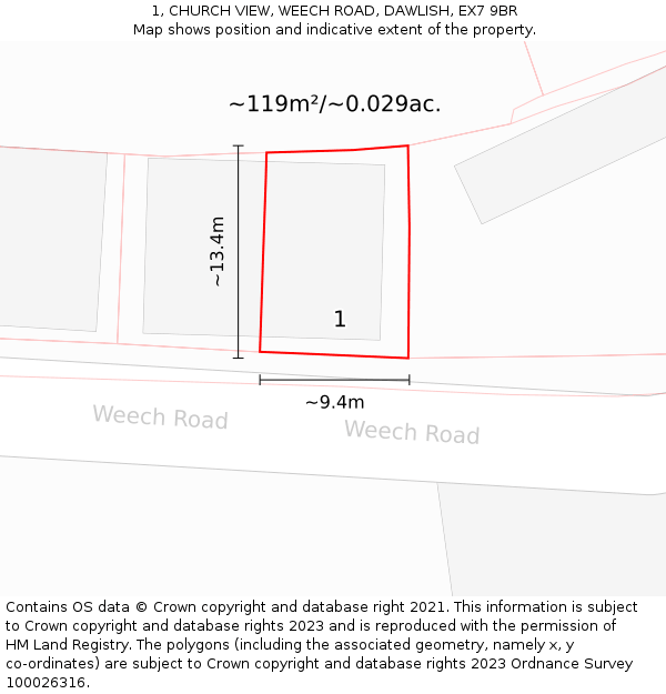 1, CHURCH VIEW, WEECH ROAD, DAWLISH, EX7 9BR: Plot and title map