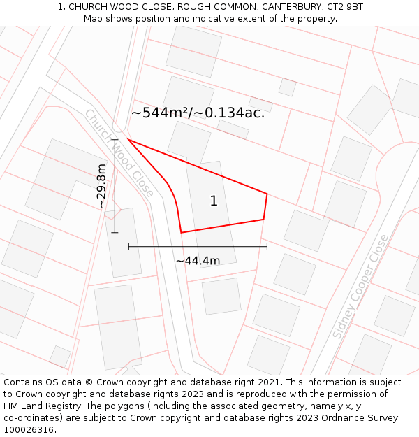 1, CHURCH WOOD CLOSE, ROUGH COMMON, CANTERBURY, CT2 9BT: Plot and title map