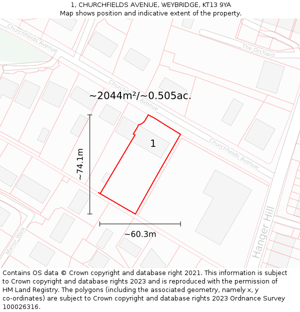 1, CHURCHFIELDS AVENUE, WEYBRIDGE, KT13 9YA: Plot and title map