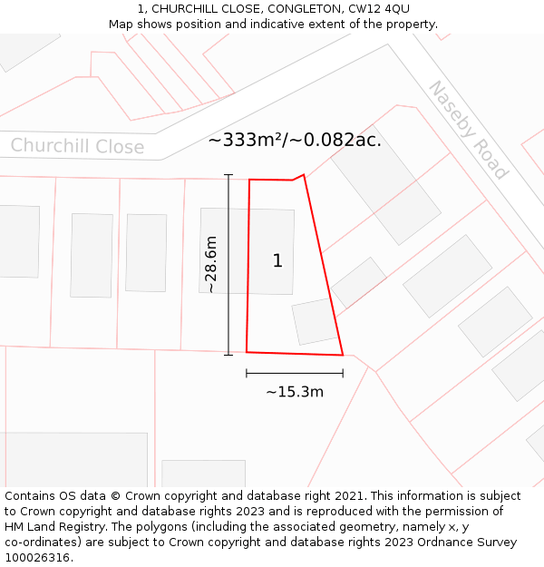 1, CHURCHILL CLOSE, CONGLETON, CW12 4QU: Plot and title map