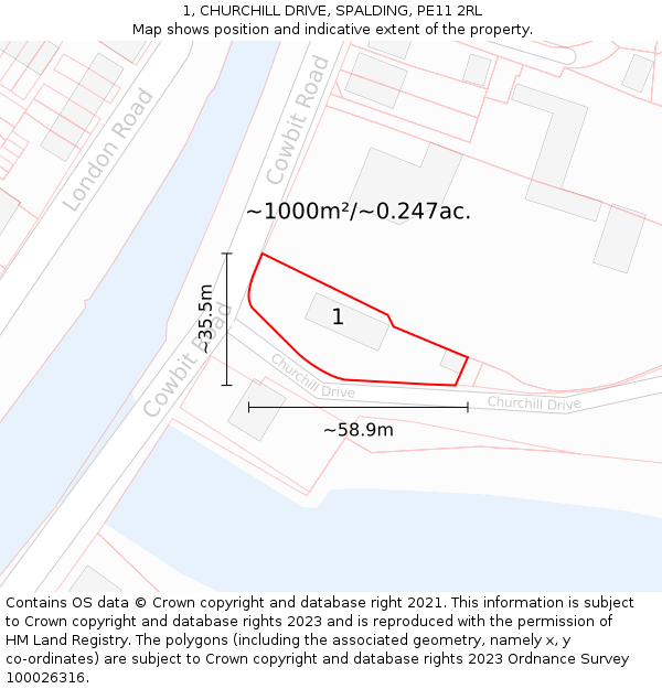 1, CHURCHILL DRIVE, SPALDING, PE11 2RL: Plot and title map