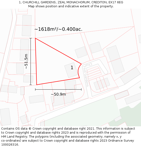 1, CHURCHILL GARDENS, ZEAL MONACHORUM, CREDITON, EX17 6EG: Plot and title map