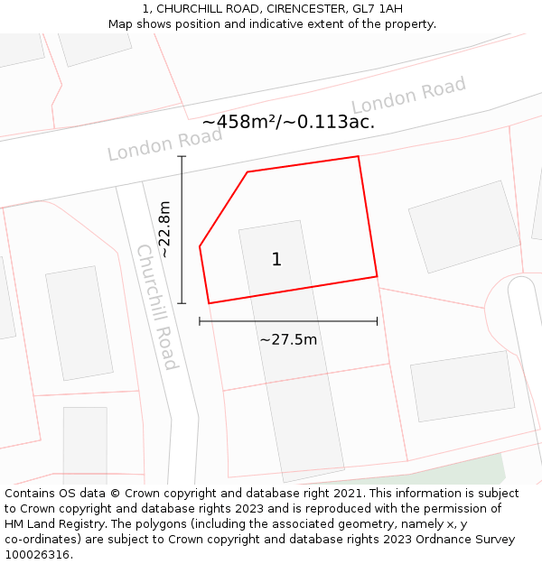 1, CHURCHILL ROAD, CIRENCESTER, GL7 1AH: Plot and title map