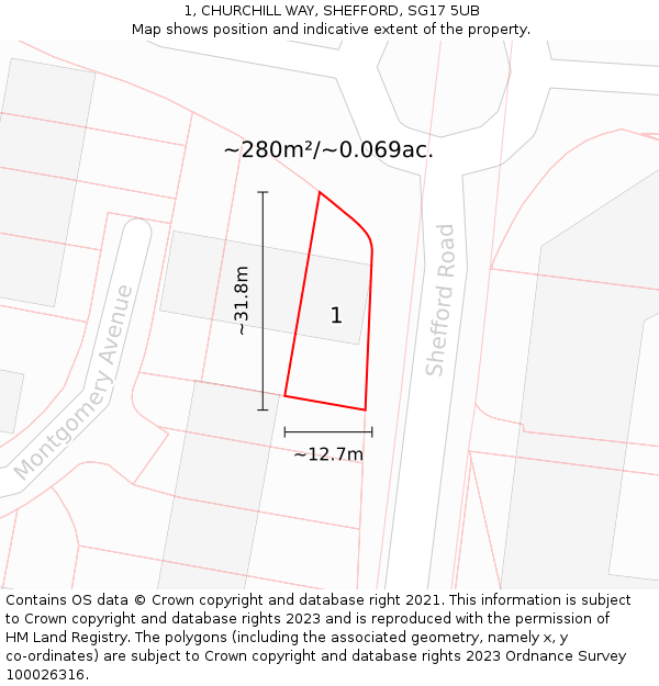 1, CHURCHILL WAY, SHEFFORD, SG17 5UB: Plot and title map