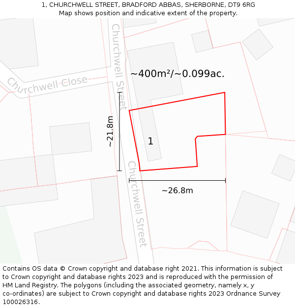 1, CHURCHWELL STREET, BRADFORD ABBAS, SHERBORNE, DT9 6RG: Plot and title map