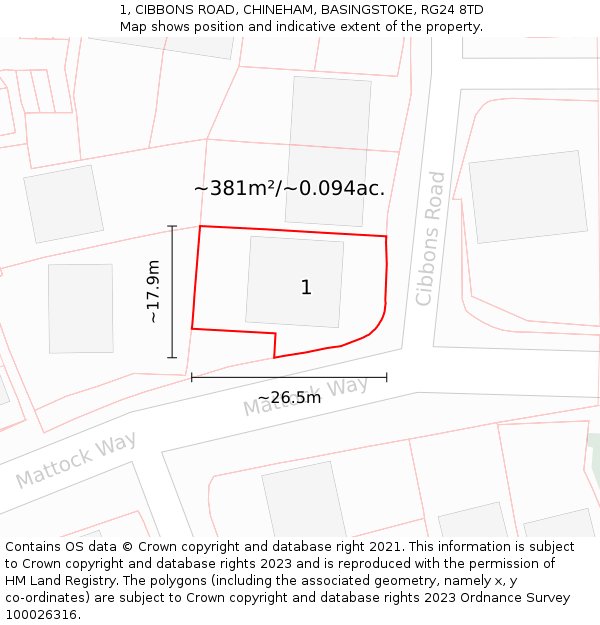 1, CIBBONS ROAD, CHINEHAM, BASINGSTOKE, RG24 8TD: Plot and title map