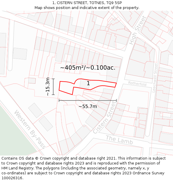1, CISTERN STREET, TOTNES, TQ9 5SP: Plot and title map