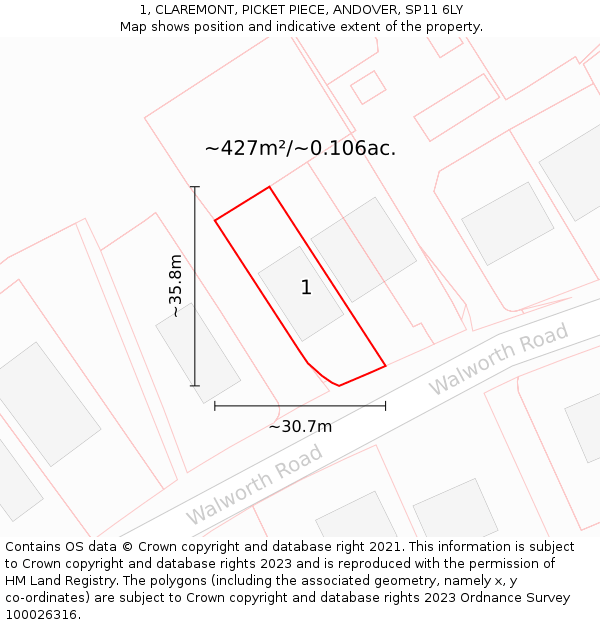 1, CLAREMONT, PICKET PIECE, ANDOVER, SP11 6LY: Plot and title map