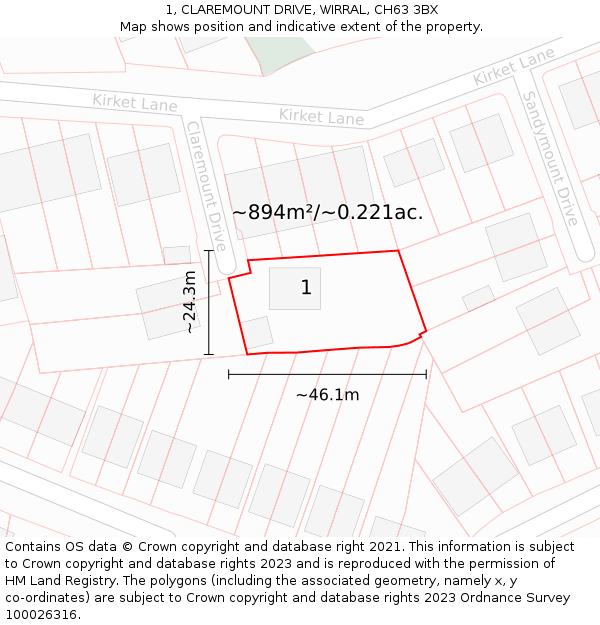 1, CLAREMOUNT DRIVE, WIRRAL, CH63 3BX: Plot and title map
