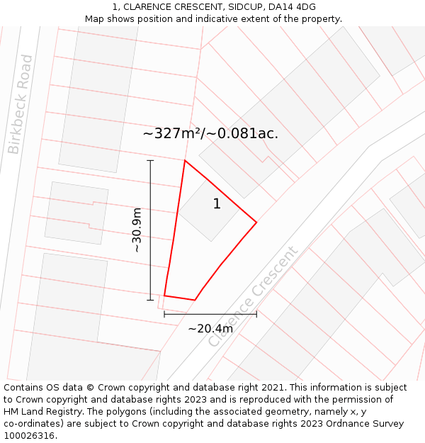 1, CLARENCE CRESCENT, SIDCUP, DA14 4DG: Plot and title map