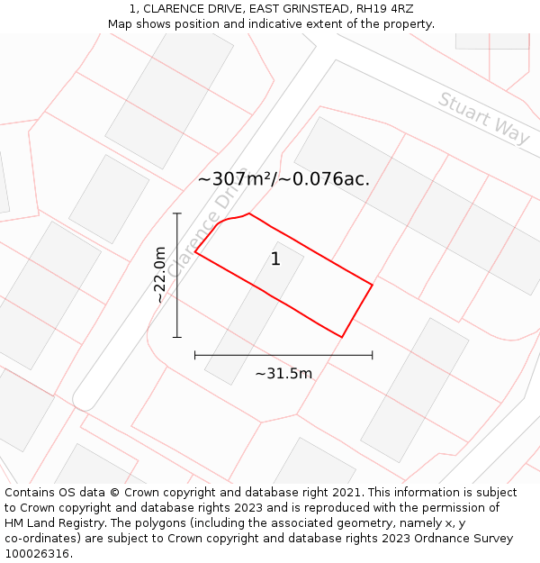 1, CLARENCE DRIVE, EAST GRINSTEAD, RH19 4RZ: Plot and title map