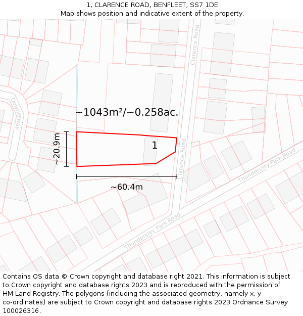 1, CLARENCE ROAD, BENFLEET, SS7 1DE: Plot and title map