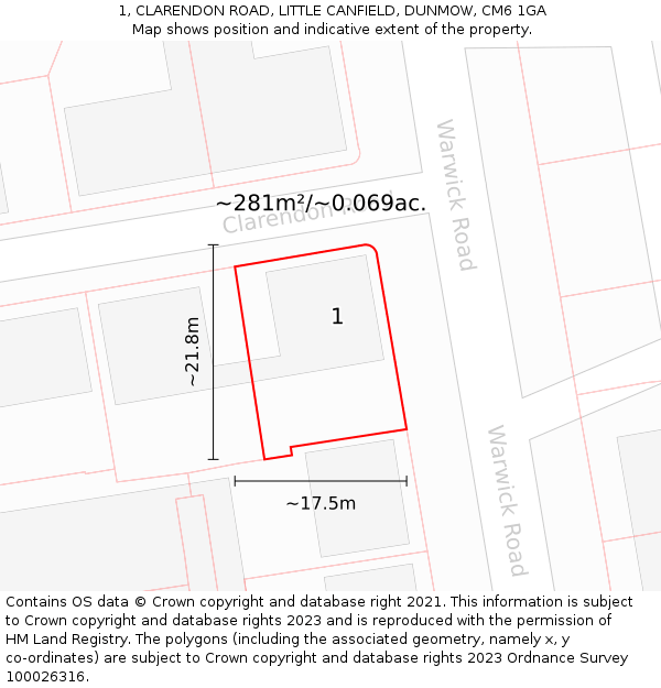 1, CLARENDON ROAD, LITTLE CANFIELD, DUNMOW, CM6 1GA: Plot and title map