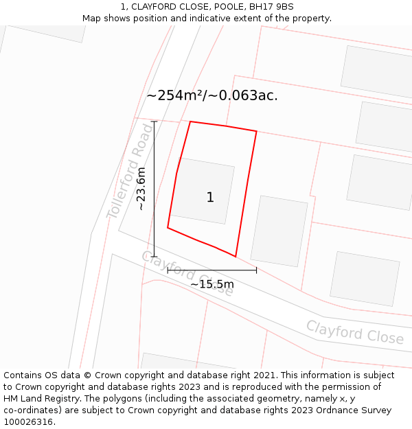 1, CLAYFORD CLOSE, POOLE, BH17 9BS: Plot and title map