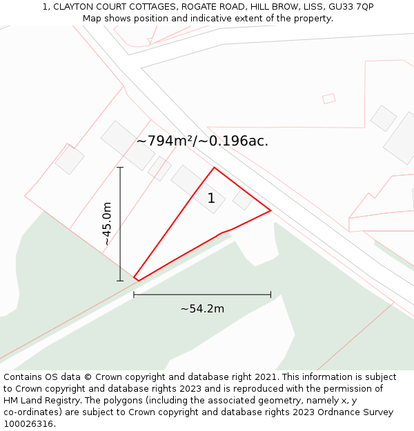 1, CLAYTON COURT COTTAGES, ROGATE ROAD, HILL BROW, LISS, GU33 7QP: Plot and title map