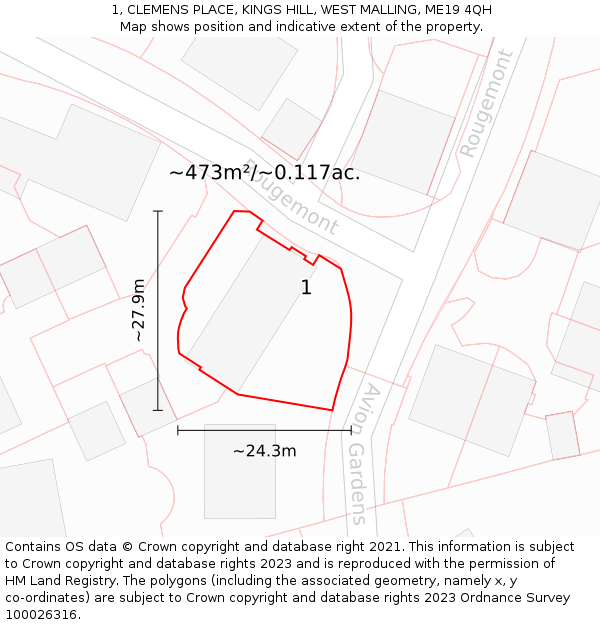 1, CLEMENS PLACE, KINGS HILL, WEST MALLING, ME19 4QH: Plot and title map