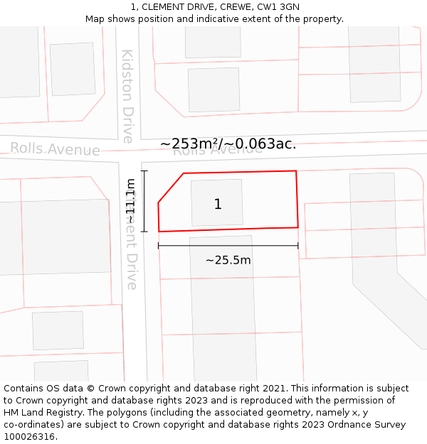 1, CLEMENT DRIVE, CREWE, CW1 3GN: Plot and title map