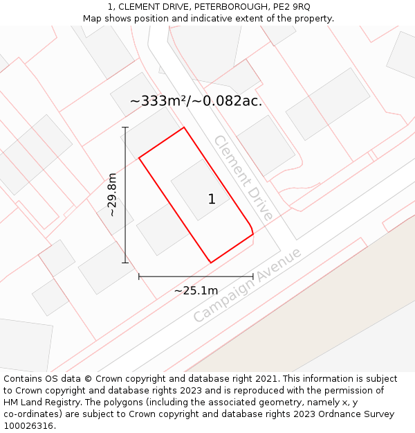1, CLEMENT DRIVE, PETERBOROUGH, PE2 9RQ: Plot and title map