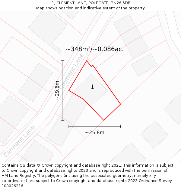 1, CLEMENT LANE, POLEGATE, BN26 5DR: Plot and title map