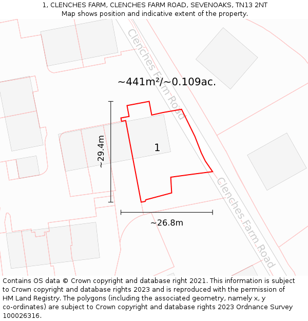 1, CLENCHES FARM, CLENCHES FARM ROAD, SEVENOAKS, TN13 2NT: Plot and title map