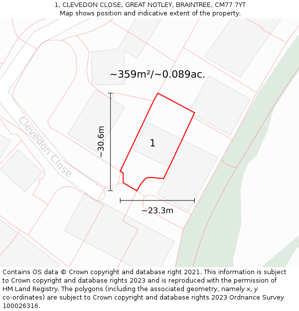 1, CLEVEDON CLOSE, GREAT NOTLEY, BRAINTREE, CM77 7YT: Plot and title map