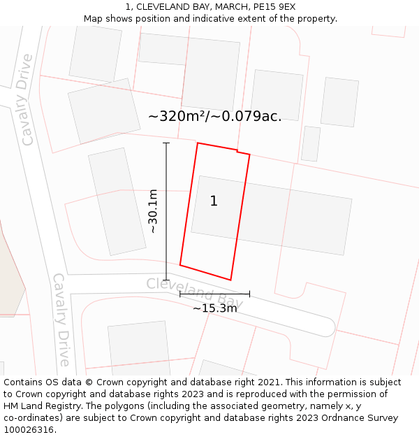 1, CLEVELAND BAY, MARCH, PE15 9EX: Plot and title map