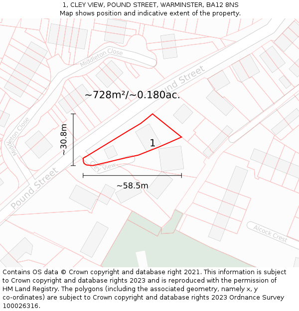 1, CLEY VIEW, POUND STREET, WARMINSTER, BA12 8NS: Plot and title map