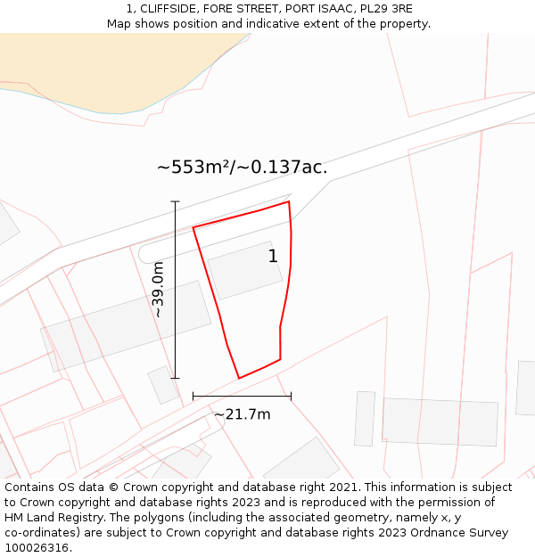 1, CLIFFSIDE, FORE STREET, PORT ISAAC, PL29 3RE: Plot and title map