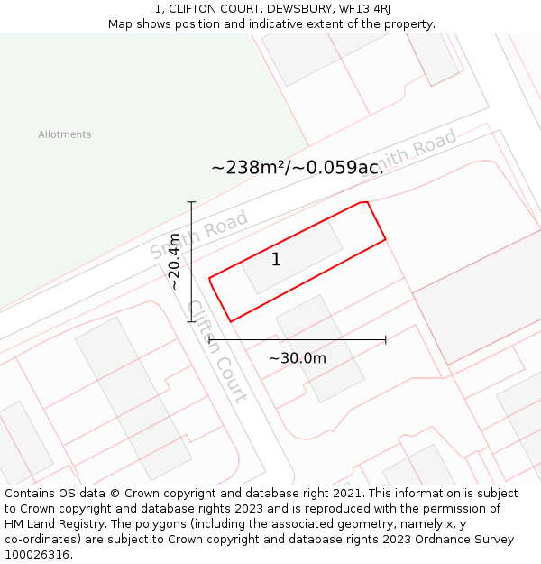 1, CLIFTON COURT, DEWSBURY, WF13 4RJ: Plot and title map