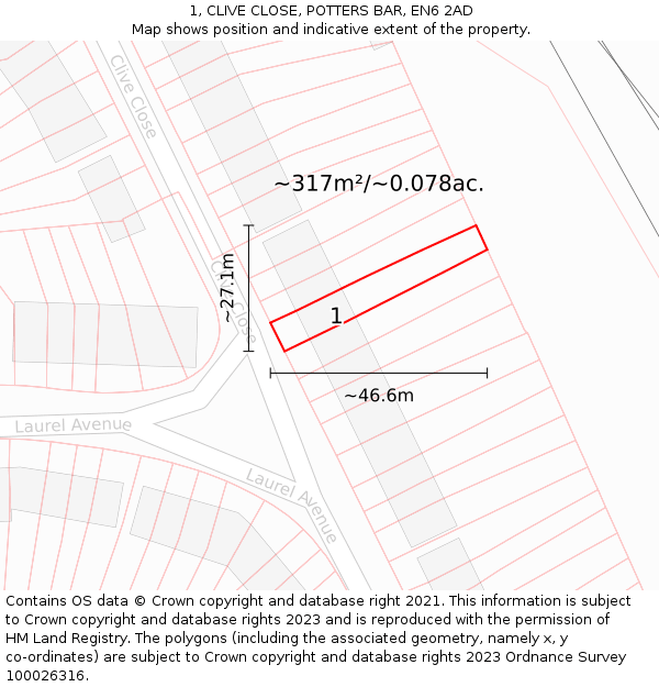 1, CLIVE CLOSE, POTTERS BAR, EN6 2AD: Plot and title map