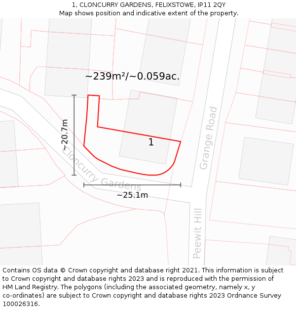 1, CLONCURRY GARDENS, FELIXSTOWE, IP11 2QY: Plot and title map