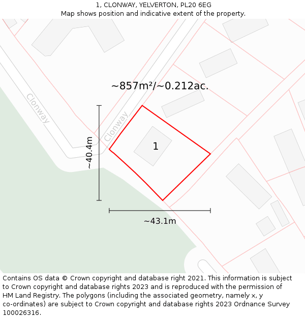 1, CLONWAY, YELVERTON, PL20 6EG: Plot and title map