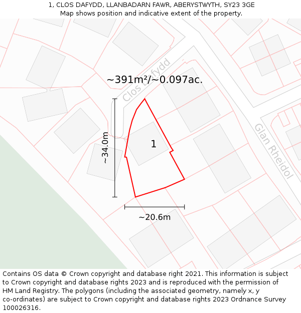 1, CLOS DAFYDD, LLANBADARN FAWR, ABERYSTWYTH, SY23 3GE: Plot and title map