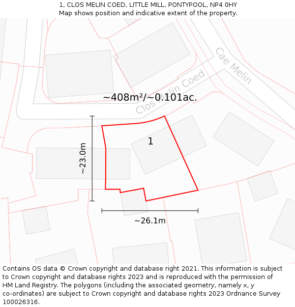 1, CLOS MELIN COED, LITTLE MILL, PONTYPOOL, NP4 0HY: Plot and title map