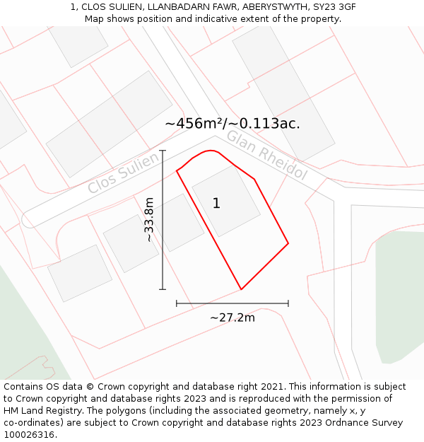 1, CLOS SULIEN, LLANBADARN FAWR, ABERYSTWYTH, SY23 3GF: Plot and title map