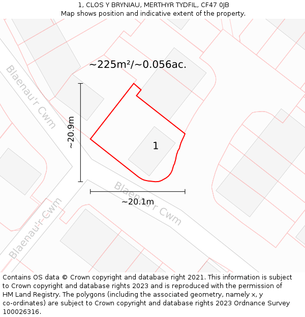 1, CLOS Y BRYNIAU, MERTHYR TYDFIL, CF47 0JB: Plot and title map