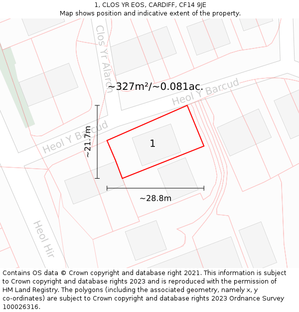 1, CLOS YR EOS, CARDIFF, CF14 9JE: Plot and title map