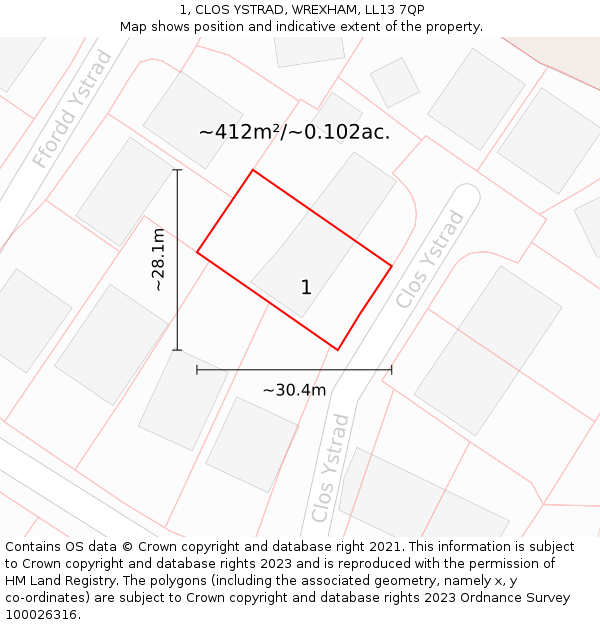 1, CLOS YSTRAD, WREXHAM, LL13 7QP: Plot and title map