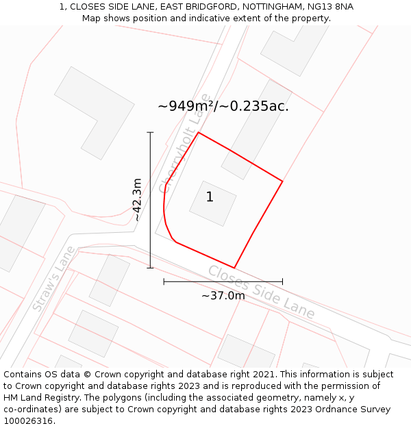 1, CLOSES SIDE LANE, EAST BRIDGFORD, NOTTINGHAM, NG13 8NA: Plot and title map