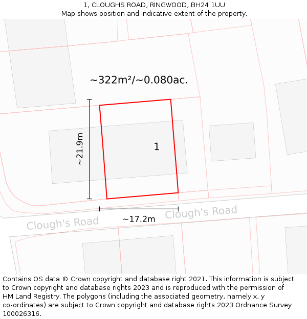 1, CLOUGHS ROAD, RINGWOOD, BH24 1UU: Plot and title map