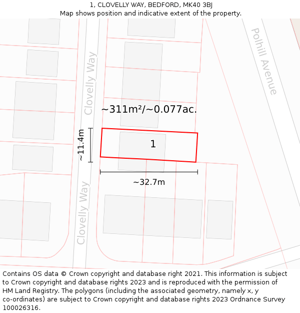 1, CLOVELLY WAY, BEDFORD, MK40 3BJ: Plot and title map