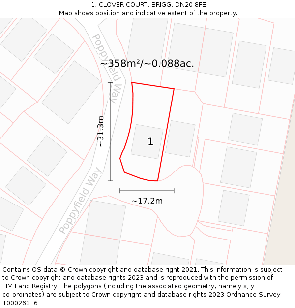 1, CLOVER COURT, BRIGG, DN20 8FE: Plot and title map