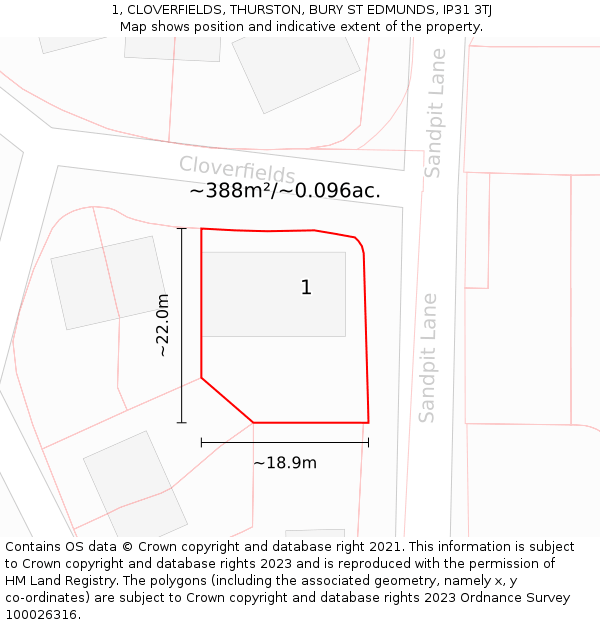 1, CLOVERFIELDS, THURSTON, BURY ST EDMUNDS, IP31 3TJ: Plot and title map