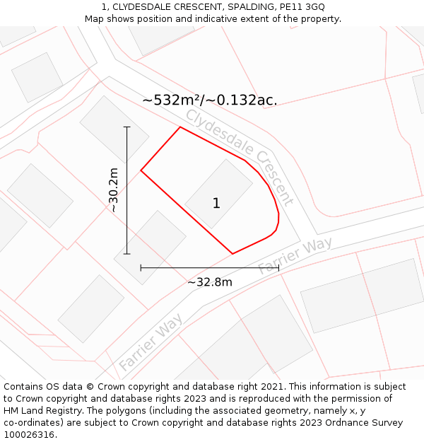 1, CLYDESDALE CRESCENT, SPALDING, PE11 3GQ: Plot and title map