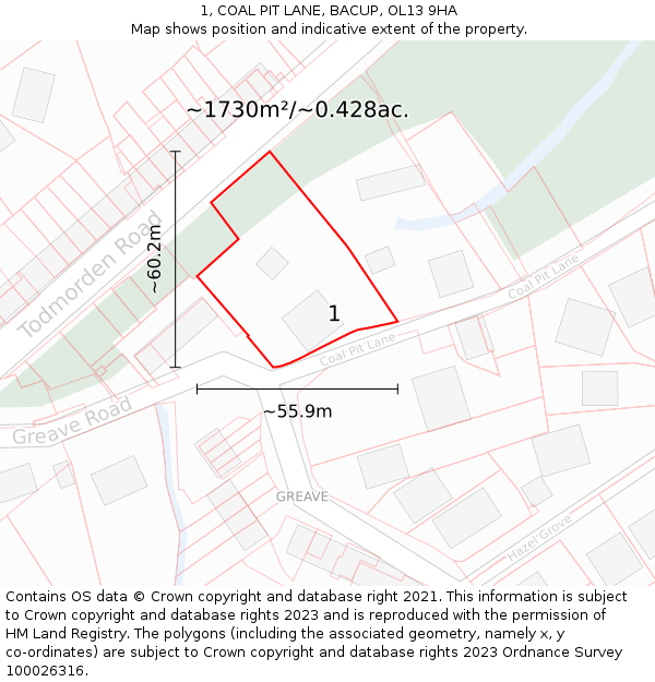 1, COAL PIT LANE, BACUP, OL13 9HA: Plot and title map