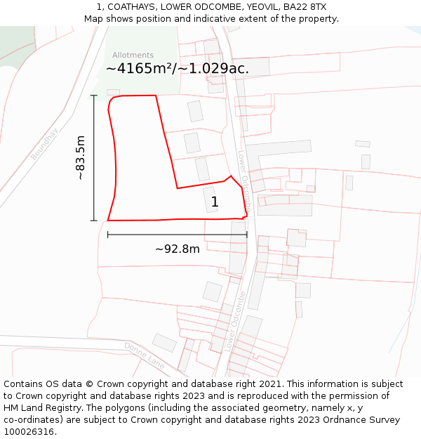 1, COATHAYS, LOWER ODCOMBE, YEOVIL, BA22 8TX: Plot and title map