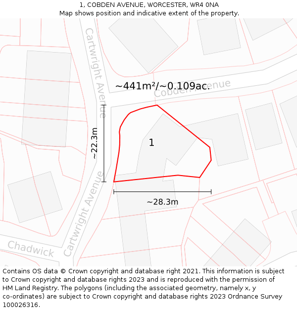 1, COBDEN AVENUE, WORCESTER, WR4 0NA: Plot and title map