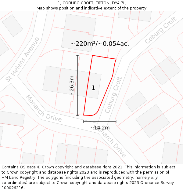 1, COBURG CROFT, TIPTON, DY4 7LJ: Plot and title map